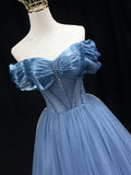 Ndyad off shoulder tulle long prom dress, blue tulle formal dress HZ1024