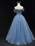 Ndyad off shoulder tulle long prom dress, blue tulle formal dress HZ1024