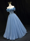 Ndyad off shoulder tulle long prom dress, blue tulle formal dress HZ1024