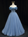 Ndyad off shoulder tulle long prom dress, blue tulle formal dress HZ1024