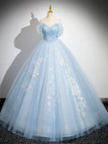 Ndyad Off Shoulder Tulle Sequin Blue Long Prom Dress, Blue Sweet 16 Dress HZ1024