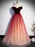 Ndyad off shoulder tulle long prom dress burgundy formal dress HZ1024