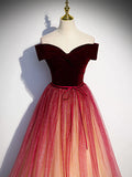 Ndyad off shoulder tulle long prom dress burgundy formal dress HZ1024