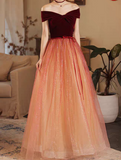 Ndyad off shoulder tulle long prom dress burgundy formal dress HZ1024