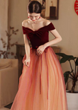 Ndyad off shoulder tulle long prom dress burgundy formal dress HZ1024