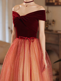 Ndyad off shoulder tulle long prom dress burgundy formal dress HZ1024