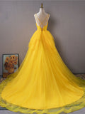 Ndyad v neck tulle long prom dress high low long yellow graduation dress HZ1024