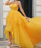 Ndyad v neck tulle long prom dress high low long yellow graduation dress HZ1024