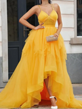 Ndyad v neck tulle long prom dress high low long yellow graduation dress HZ1024