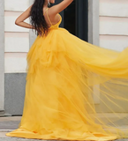 Ndyad v neck tulle long prom dress high low long yellow graduation dress HZ1024