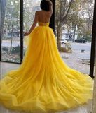 Ndyad v neck tulle long prom dress high low long yellow graduation dress HZ1024