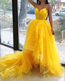 Ndyad v neck tulle long prom dress high low long yellow graduation dress HZ1024