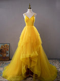 Ndyad v neck tulle long prom dress high low long yellow graduation dress HZ1024