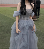 Ndyad blue beads long prom dress gray tulle formal dress HZ1024