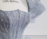 Ndyad blue beads long prom dress gray tulle formal dress HZ1024
