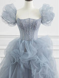 Ndyad blue beads long prom dress gray tulle formal dress HZ1024
