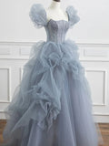 Ndyad blue beads long prom dress gray tulle formal dress HZ1024