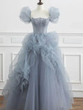 Ndyad blue beads long prom dress gray tulle formal dress HZ1024