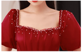 Evafashion A line satin beads long prom dress burgundy evening dress HZ1024