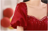 Evafashion A line satin beads long prom dress burgundy evening dress HZ1024