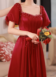 Evafashion A line satin beads long prom dress burgundy evening dress HZ1024