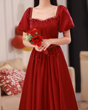 Evafashion A line satin beads long prom dress burgundy evening dress HZ1024