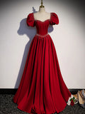 Evafashion A line satin beads long prom dress burgundy evening dress HZ1024