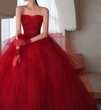 Ndyad tulle beads long prom dress, burgundy tulle wedding dress HZ1024