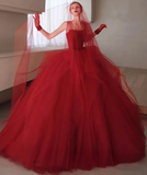 Ndyad tulle beads long prom dress, burgundy tulle wedding dress HZ1024