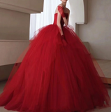Ndyad tulle beads long prom dress, burgundy tulle wedding dress HZ1024