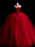 Ndyad tulle beads long prom dress, burgundy tulle wedding dress HZ1024