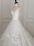 Ndyad V Neck Tulle Lace Long Wedding Dress, Ivory Tulle Wedding Gown HZ1024