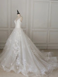 Ndyad V Neck Tulle Lace Long Wedding Dress, Ivory Tulle Wedding Gown HZ1024