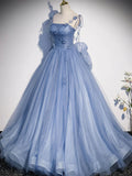 Ndyad tulle long prom dress, blue tulle formal dress HZ1024