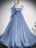Ndyad tulle long prom dress, blue tulle formal dress HZ1024