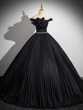 Ndyad Off Shoulder Black Long Prom Dress, Black Long Evening Dress HZ1024