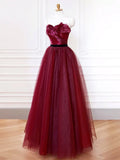 Ndyad Sweetheart Neck Tulle Burgundy Long Prom Dress, Burgundy Long Formal Dress HZ1024