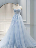 Ndyad line Sweetheart Neck Tulle Lace Long Blue Prom Dresses, Lace Formal Graduation Dresses HZ1024