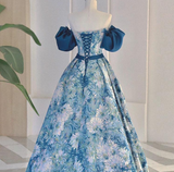 Evafashion A line satin long prom dress blue long evening dress HZ1024