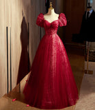 Ndyad line burgundy tulle sequin long prom dress, burgundy formal dress HZ1024