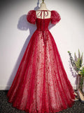 Ndyad line burgundy tulle sequin long prom dress, burgundy formal dress HZ1024