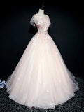 Ndyad round neck tulle lace long prom dress, pink sweet 16 dress HZ1024