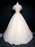 Ndyad round neck tulle lace long prom dress, pink sweet 16 dress HZ1024