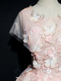 Ndyad round neck tulle lace long prom dress, pink sweet 16 dress HZ1024