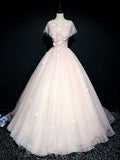 Ndyad round neck tulle lace long prom dress, pink sweet 16 dress HZ1024