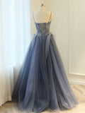 Ndyad Blue A line lace tulle long prom dress, gray formal evening dress HZ1024