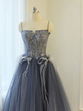 Ndyad Blue A line lace tulle long prom dress, gray formal evening dress HZ1024