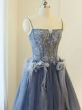 Ndyad Blue A line lace tulle long prom dress, gray formal evening dress HZ1024