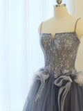 Ndyad Blue A line lace tulle long prom dress, gray formal evening dress HZ1024