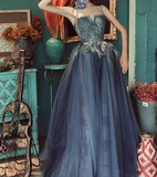 Ndyad Blue A line lace tulle long prom dress, gray formal evening dress HZ1024